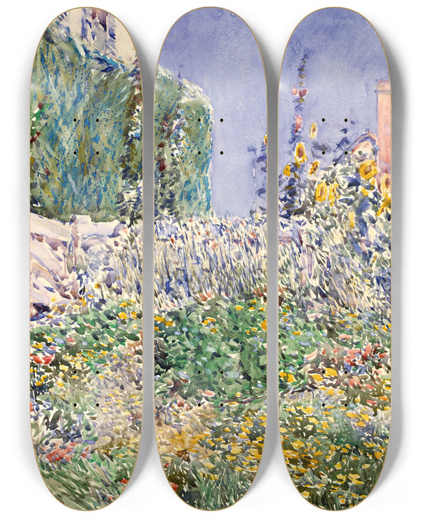 Triptych art skateboard deck of Childe Hassam Thaxters Garden by Childe Hassam (1859-1935)
