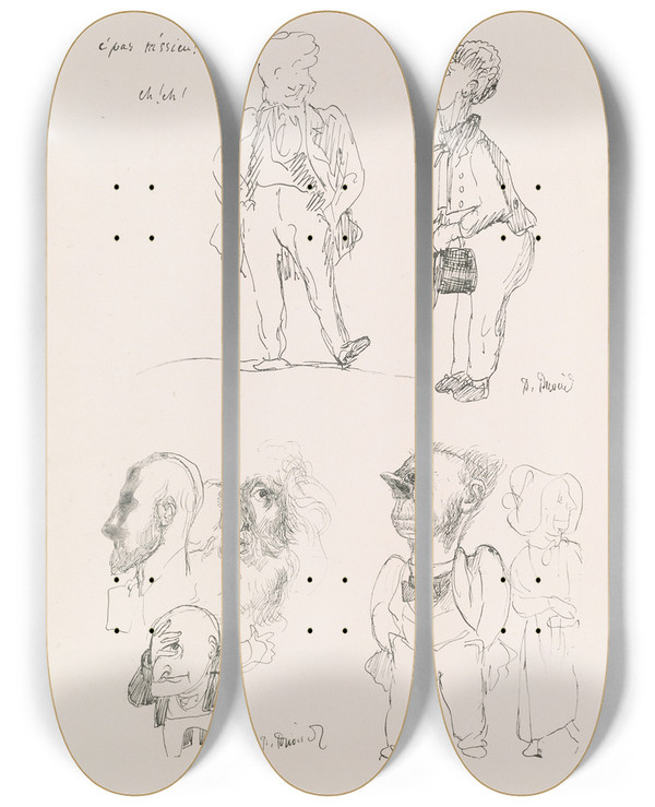 Triptych art skateboard deck of Pierre Puvis De Chavannes Les Caricatures De Puvis De Chavannes Pl25 by Pierre Puvis De Chavannes (1824-1898)