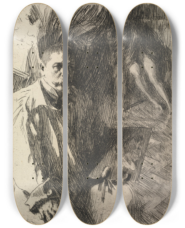 Triptych art skateboard deck of Anders Zorn Portrait Of The Artist And His Model by Anders Zorn (1860-1920)