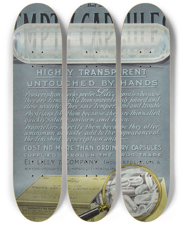 Triptych art skateboard deck of Eli Lilly Company Lilly Empty Capsules by Eli Lilly Company (19-20-)