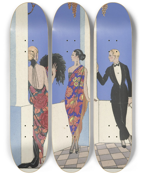 Triptych art skateboard deck of George Barbier Joie De Vivre Falbalas Et Fanfreluches_1 by George Barbier (1882-1932)