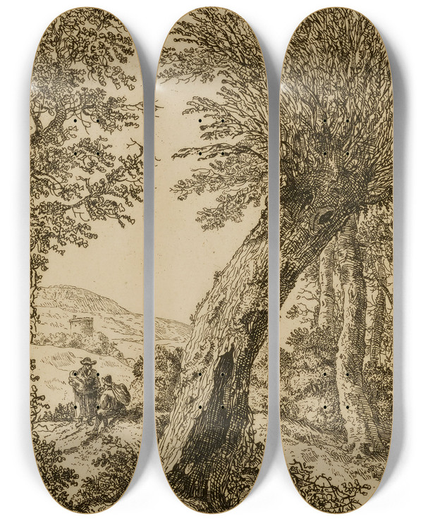 Triptych art skateboard deck of Wilhelm Von Bemmel Landscape With Willow by Wilhelm von Bemmel (1630-1708)