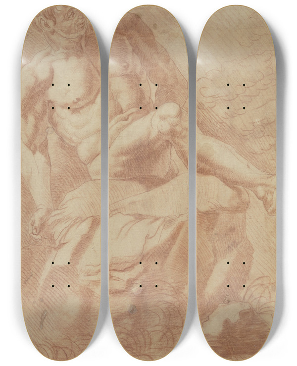 Triptych art skateboard deck of Josef Neher Mnnlicher Akt Auf Einem Felsen Nach Rechts Gewandt by Josef Neher