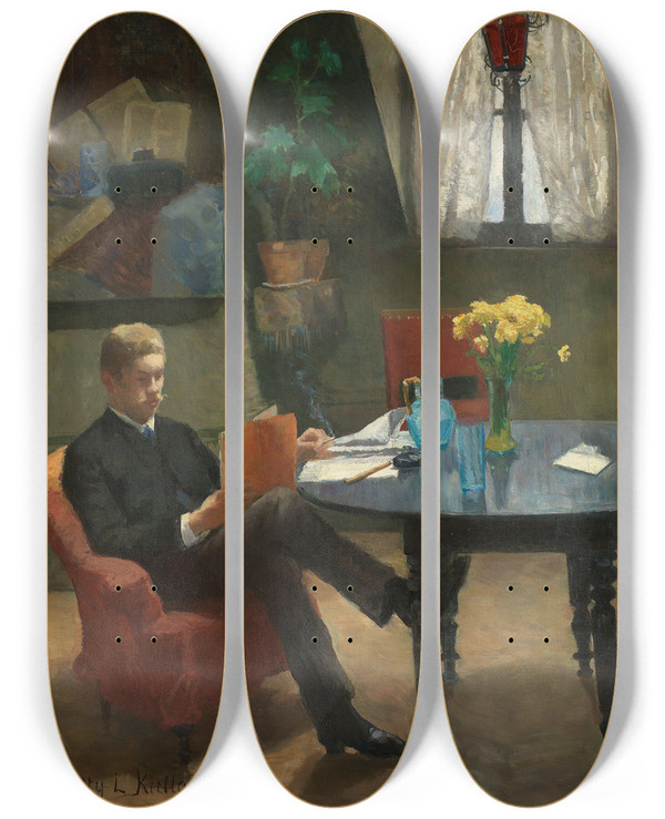 Triptych art skateboard deck of Kitty Kielland Arne Garborg Visiting The Artists Studio In Paris by Kitty Kielland (1843-1914)
