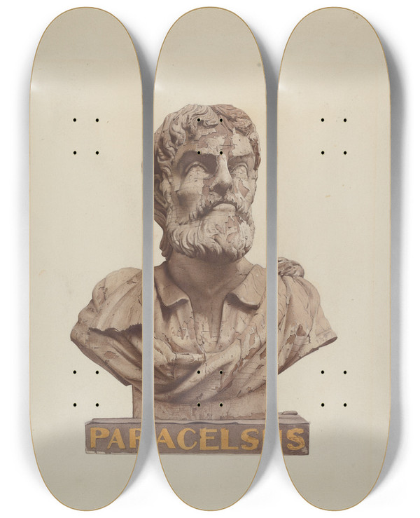 Triptych art skateboard deck of Joseph Goldberg Bust Of Paracelsus by Joseph Goldberg