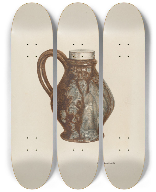 Triptych art skateboard deck of Ursula Lauderdale Earthen Jug by Ursula Lauderdale