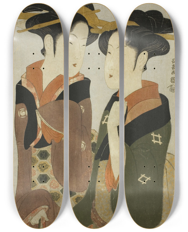 Triptych art skateboard deck of Eishsai Chki Kan A Waitress Of The Izutsuya And The Geisha Fuseya Of The Ogiya by Eishosai Choki (1786-1808)