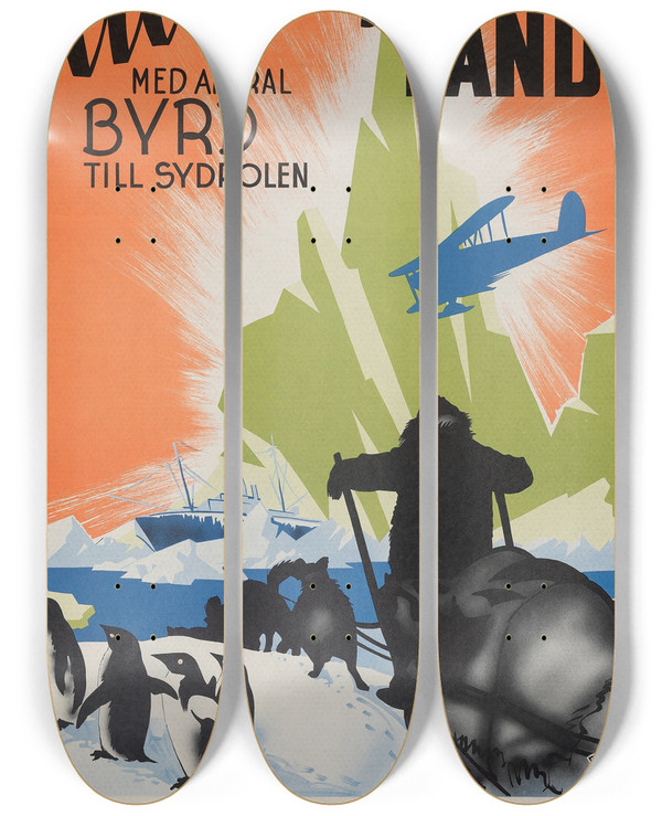 Triptych art skateboard deck of Eric Rohman With Byrd At The South Pole_2 by Eric Rohman (1891-1949)