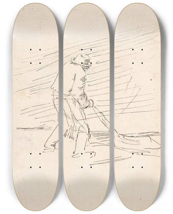 Triptych art skateboard deck of Flicien Rops Study Of A Man Pushing A Plow by Felicien Rops (1833-1898)