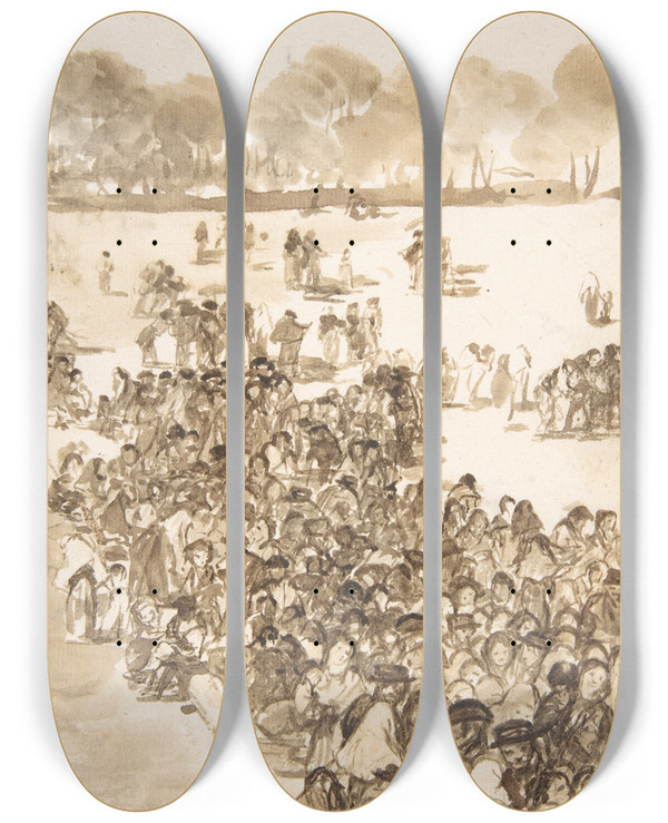 Triptych art skateboard deck of Francisco De Goya Crowd In A Park by Francisco de Goya (1746-1828)