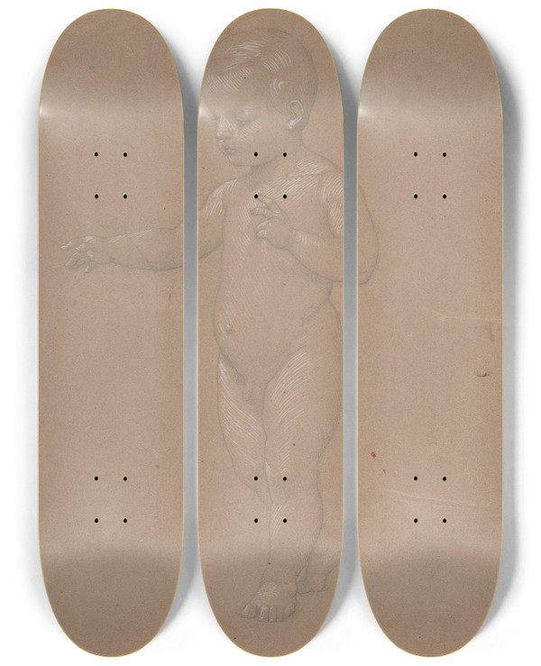 Triptych art skateboard deck of Anselm Feuerbach Nude Boy Walking To The Left by Anselm Feuerbach (1829-1880)