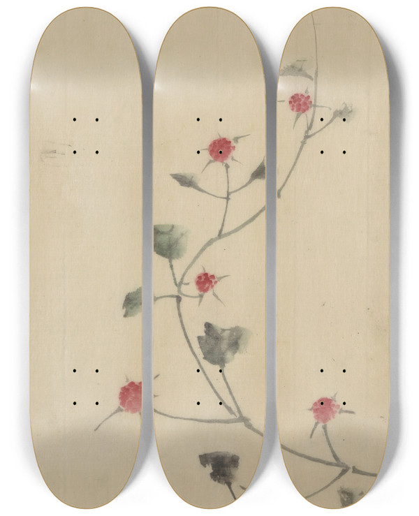 Triptych art skateboard deck of Katsushika Hokusai Small Red Blossoms On A Vine by Katsushika Hokusai (1760-1849)