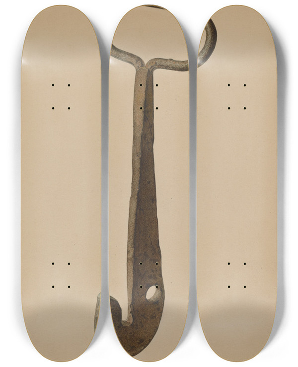 Triptych art skateboard deck of Harold Ballerd Log Loading Hook by Harold Ballerd