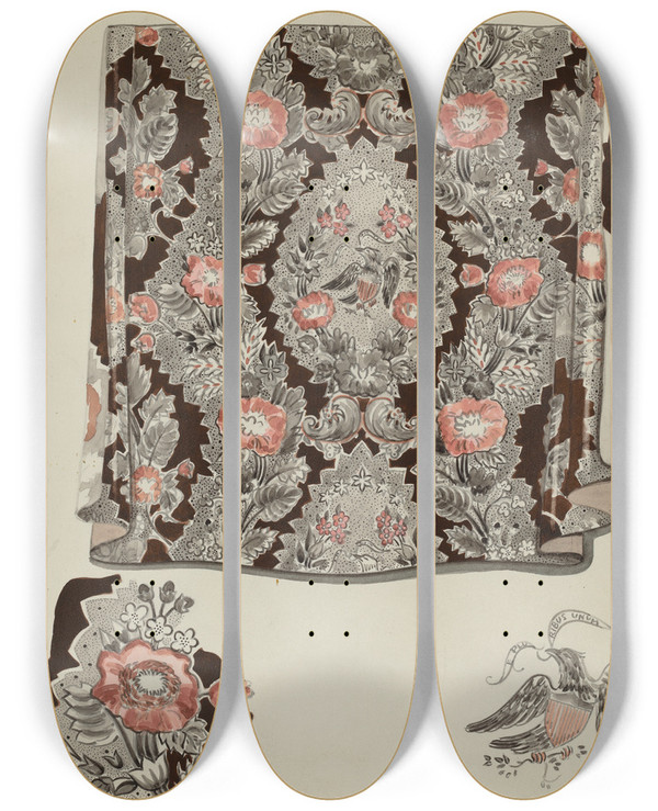 Triptych art skateboard deck of James Vail Textile Drapery by James Vail