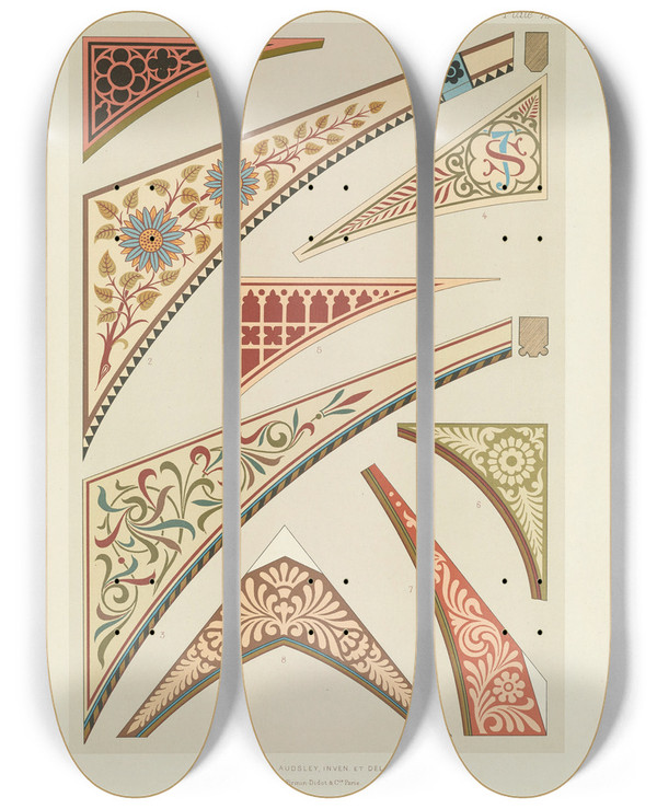 Triptych art skateboard deck of George Ashdown Audsley Polychromatic Decoration As Applied To Buildings In The Medival Styles Pl31 by George Ashdown Audsley (1838-1925)