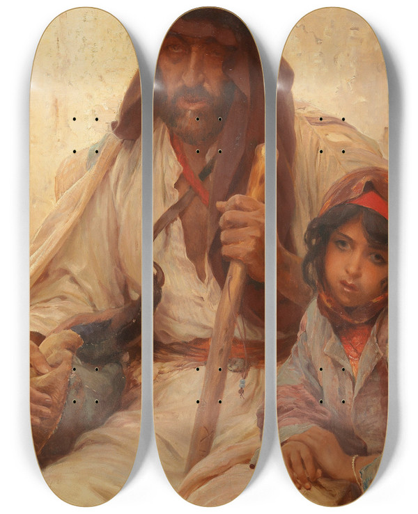 Triptych art skateboard deck of Alois Hans Schram Bedouin And Young Girl by Alois Hans Schram (1864-1919)