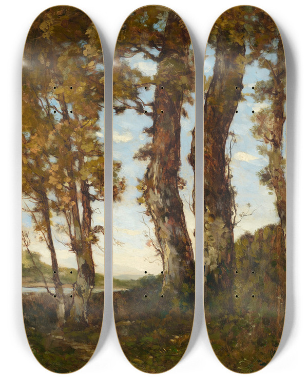 Triptych art skateboard deck of Henrijoseph Harpignies Arbres Au Bord De La Loire by Henri Joseph Harpignies (1819-1916)