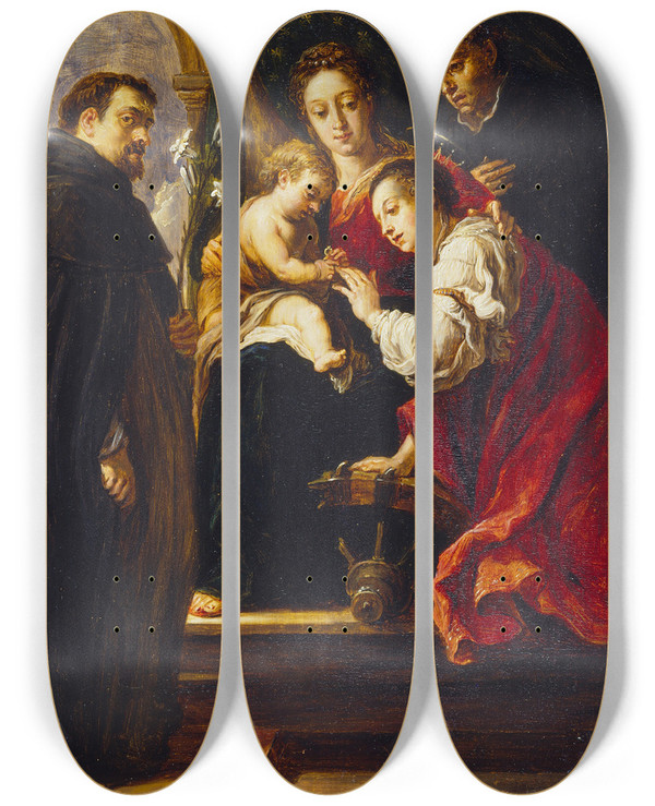 Triptych art skateboard deck of David Teniers The Younger The Mystic Marriage Of Saint Catherine After Fetti by David Teniers The Younger (1610-1690)