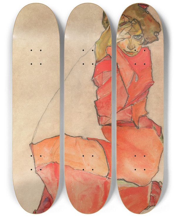 Triptych art skateboard deck of Egon Schiele Kneeling Female In Orangered Dress by Egon Schiele (1890-1918)