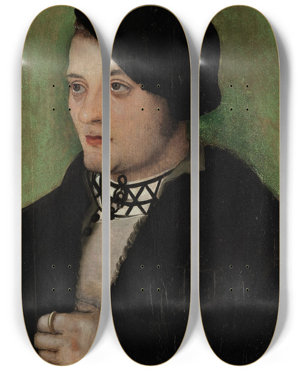Triptych art skateboard deck of Hans Baldung Portrait Of A Young Man by Hans Baldung (1484-1545)