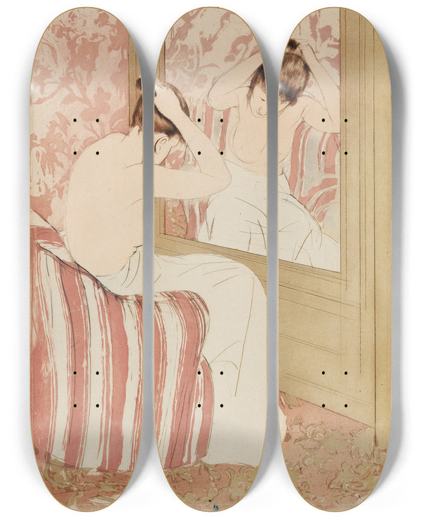Triptych art skateboard deck of Mary Cassatt The Coiffure_1 by Mary Cassatt (1844-1926)