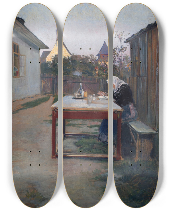 Triptych art skateboard deck of Ludwig Michalek Meine Mutter Abendmahlzeit by Ludwig Michalek (1859-1942)
