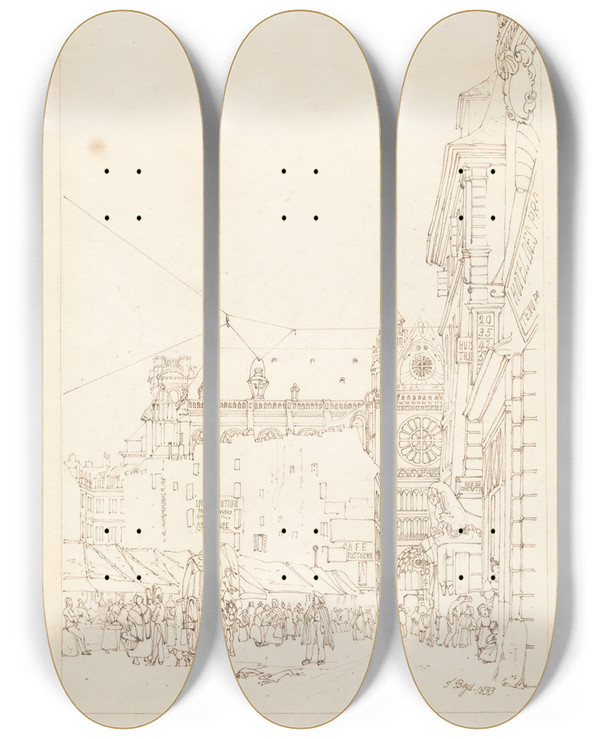 Triptych art skateboard deck of Thomas Shotter Boys La Rue Des Prouvaires Et Lglise Saint Eustache Paris by Thomas Shotter Boys (1803-1874)