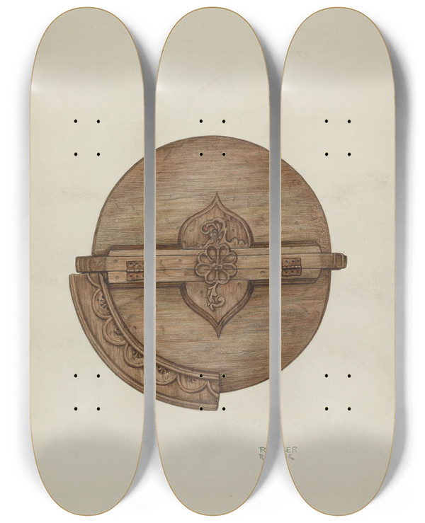 Triptych art skateboard deck of Ruth Buker Baptismal Font Cover by Ruth Buker