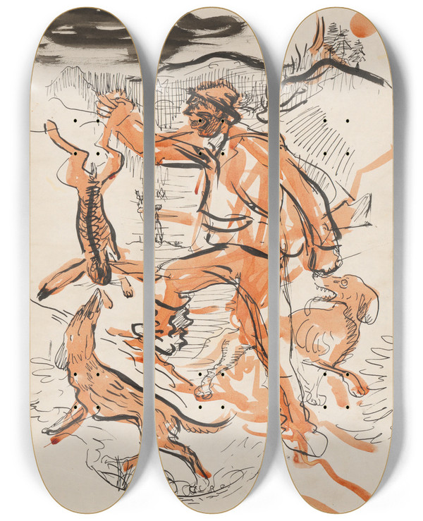 Triptych art skateboard deck of Arnold Peter Weiszkubnan Night Hunt_2 by Arnold Peter Weisz-Kubnan (1898-1944)