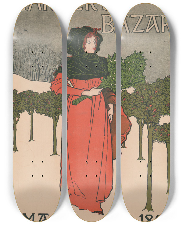 Triptych art skateboard deck of Louis Rhead Harpers Bazar Xmas 1894 by Louis Rhead (1857-1926)