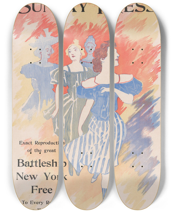 Triptych art skateboard deck of George Reiter Brill Advertisement For Philadelphia Sunday Press May 10 1896 by George Reiter Brill (1867-1918)