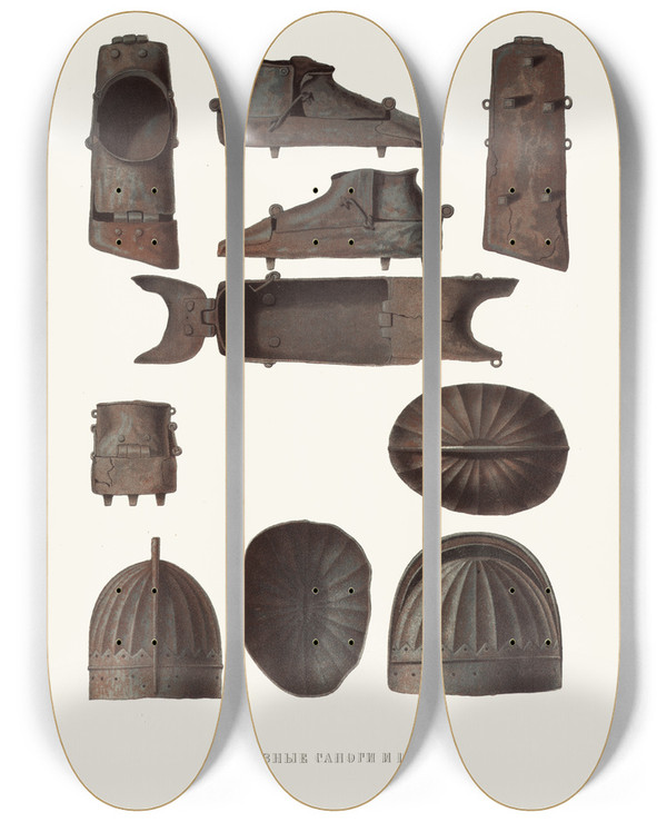Triptych art skateboard deck of Fedor Grigoryevich Solntsev Zheleznye Sapogi I Shlem by Fedor Grigoryevich Solntsev (1801-1892)