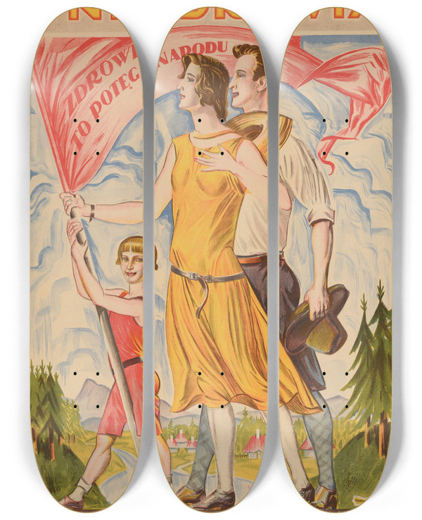 Triptych art skateboard deck of Bogdan Nowakowski Dni Zdrowia Zdrowie To Potga Narodu Polski Zwizek Przeciwgruliczy Polski Zwizek Do Zwalczania Raka by Bogdan Nowakowski (1887-1945)