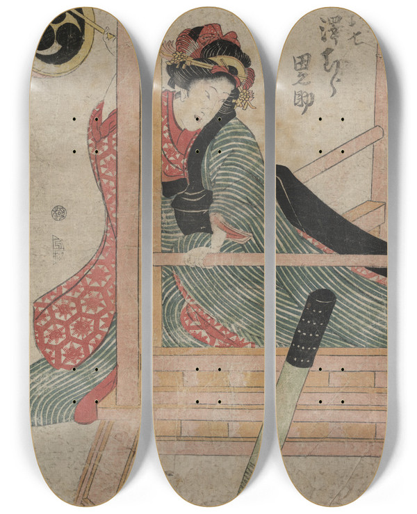 Triptych art skateboard deck of Toyokuni Utagawa Sawamura Tanosuke No Oshichi by Toyokuni Utagawa (1769-1825)