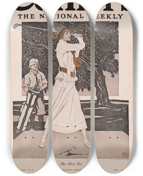 Triptych art skateboard deck of Edward Penfield Colliers The National Weekly The First Tee by Edward Penfield (1866-1925)