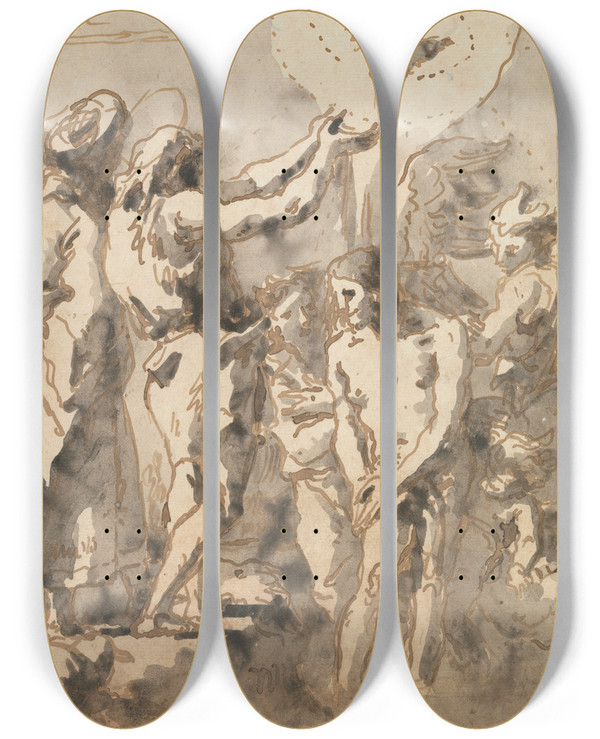 Triptych art skateboard deck of Giovanni Domenico Tiepolo The Baptism Of Christ With Saint John Without His Cross In Profile To The Right by Giovanni Domenico Tiepolo (1727-1804)