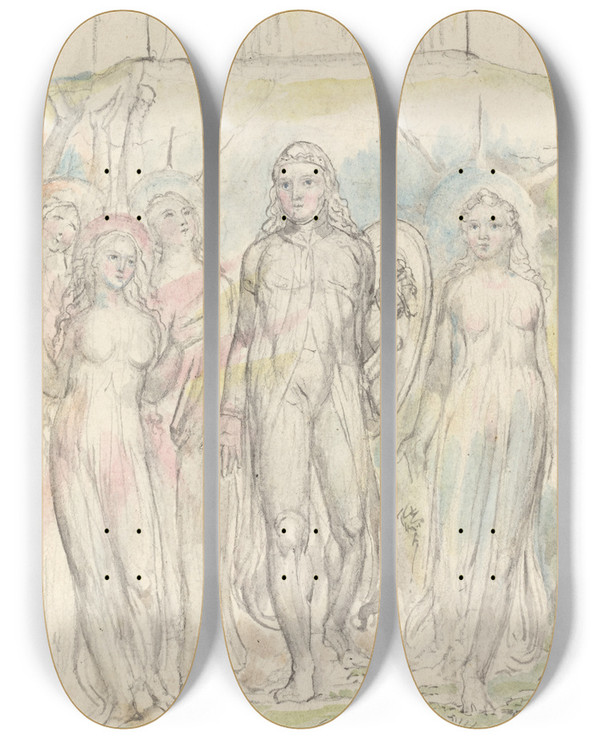 Triptych art skateboard deck of William Blake Christian With The Shield Of Faith Taking Leave Of His Companions by William Blake (1757-1827)
