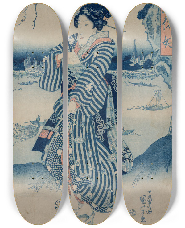 Triptych art skateboard deck of Utagawa Kuniyoshi Geisha Standing On The Bank Of The Sumida River From The Series People Who Like The Latest Fashions And Manners by Utagawa Kuniyoshi (1797-1861)
