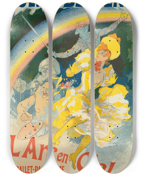 Triptych art skateboard deck of Jules Chret Larcenciel by Jules Cheret (1836-1932)