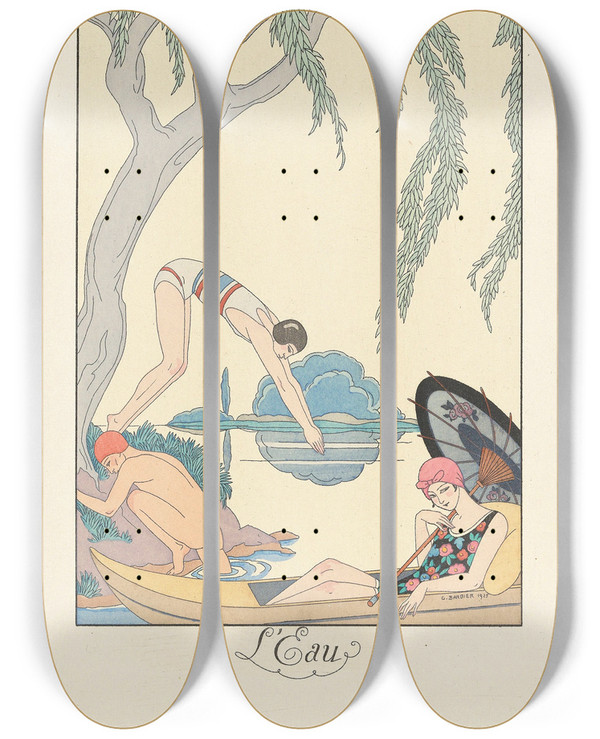 Triptych art skateboard deck of George Barbier Leau Water by George Barbier (1882-1932)