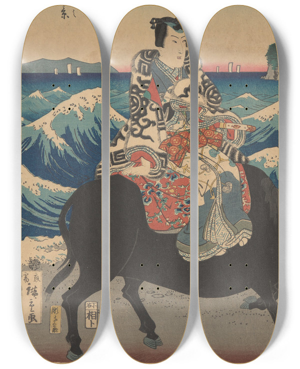 Triptych art skateboard deck of And Hiroshige Enoshima Island Figure On An Ox Waves by Ando Hiroshige (1797-1858)