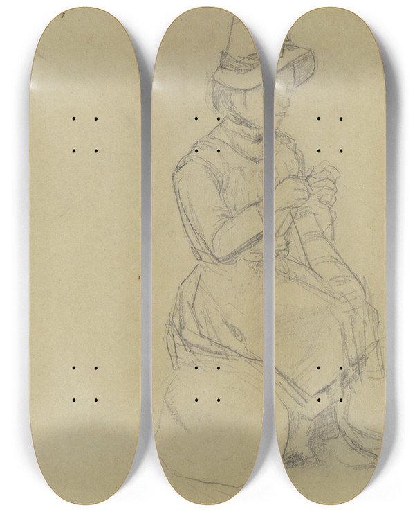 Triptych art skateboard deck of Gustav Schraegle Strickendes Mdchen Mit Hut by Gustav Schraegle (1867-1925)