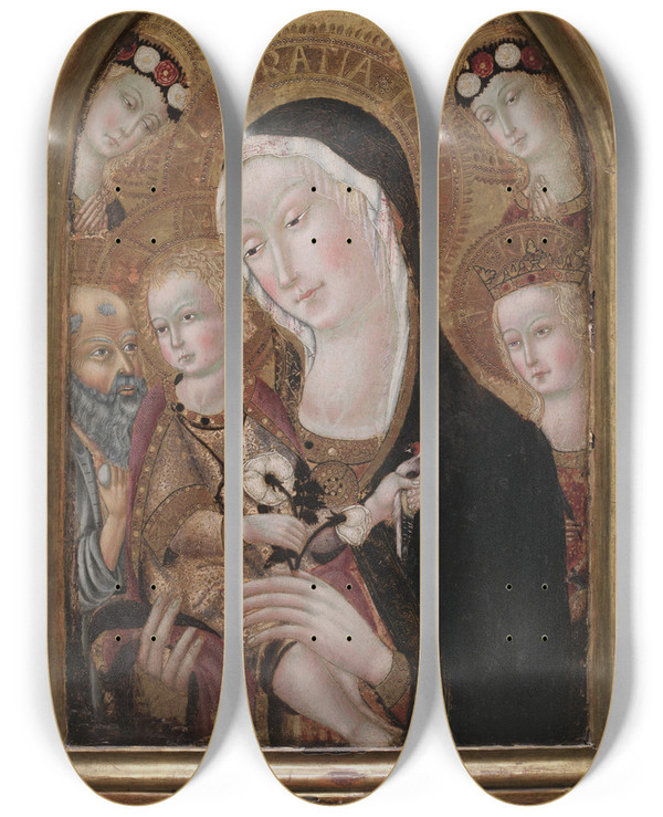 Triptych art skateboard deck of Carolino Da Viterbo Virgin And Child With Saint Jerome And Saint Catherine Of Alexandria by Carolino da Viterbo (15-)