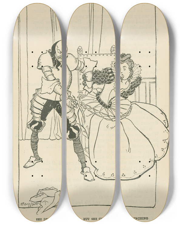 Triptych art skateboard deck of Arthur Rackham She Did Not Mind Death But She Could Not Stand Pinching by Arthur Rackham (1867-1939)