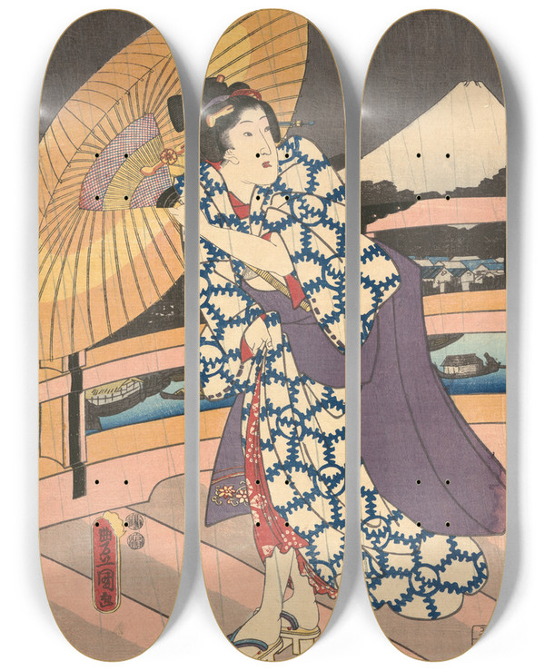 Triptych art skateboard deck of Utagawa Kunisada Toyokuni Iii Rainy Scene On A Bridge Ame No To No Sue_2 by Utagawa Kunisada (Toyokuni III) (1786-1865)