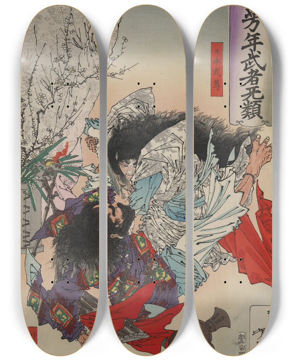 Triptych art skateboard deck of Tsukioka Yoshitoshi Yamato Takeru No Mikoto_2 by Tsukioka Yoshitoshi (1839-1892)