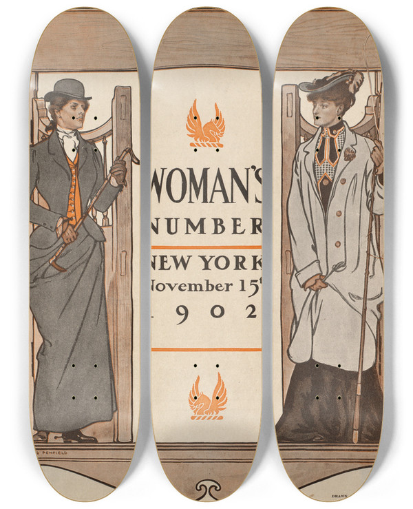 Triptych art skateboard deck of Edward Penfield Colliers Illustrated Weekly Womans Number New York November 15Th 1902 by Edward Penfield (1866-1925)