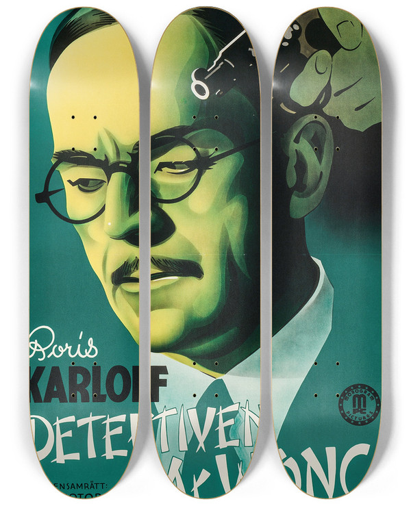 Triptych art skateboard deck of Eric Rohman Mr Wong Detective by Eric Rohman (1891-1949)