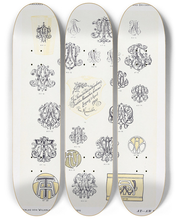 Triptych art skateboard deck of Wilhelm Diebener Monogrammes Und Dekorationen Pl006 by Wilhelm Diebener (1922)
