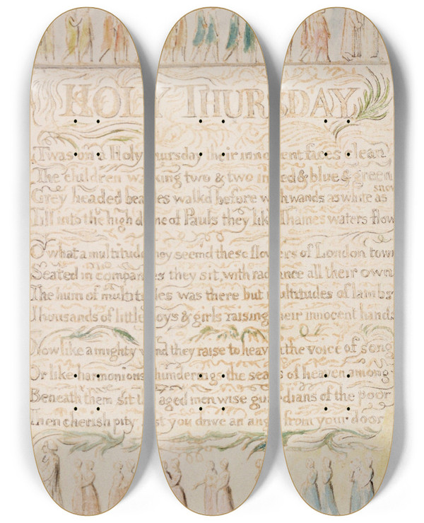Triptych art skateboard deck of William Blake Pl 10 Holy Thursday by William Blake (1757-1827)